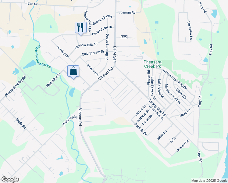 map of restaurants, bars, coffee shops, grocery stores, and more near 2020 Vinson Road in Wylie