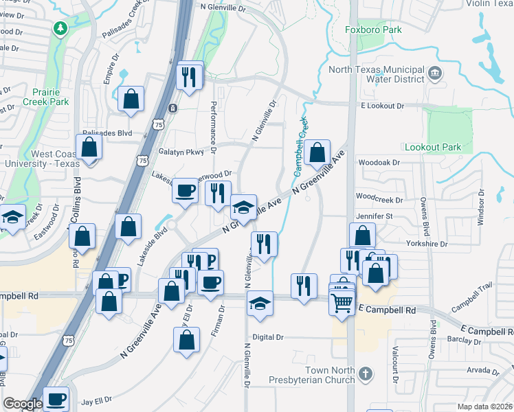 map of restaurants, bars, coffee shops, grocery stores, and more near 2210 North Glenville Drive in Richardson