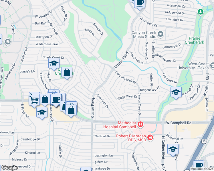 map of restaurants, bars, coffee shops, grocery stores, and more near 2204 Custer Parkway in Richardson