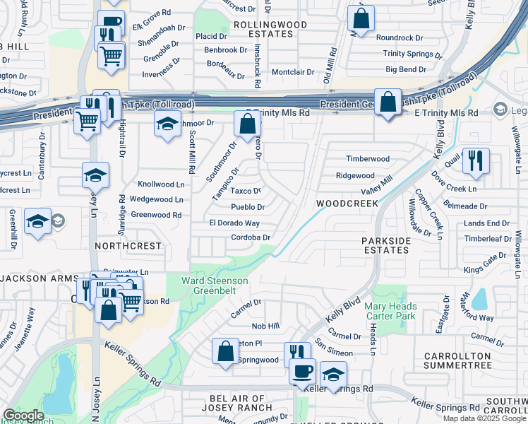 map of restaurants, bars, coffee shops, grocery stores, and more near 2134 Pueblo Drive in Carrollton