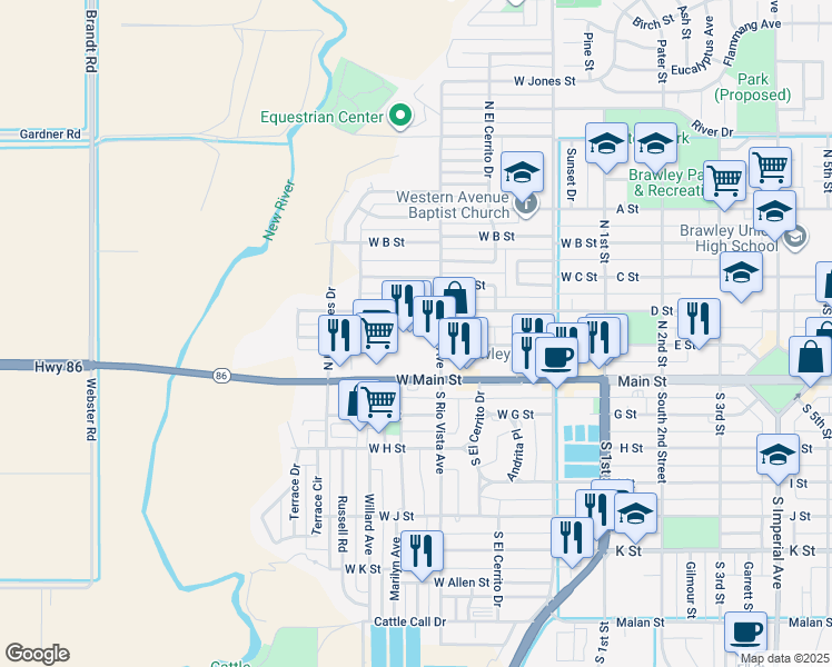 map of restaurants, bars, coffee shops, grocery stores, and more near 446 West D Street in Brawley