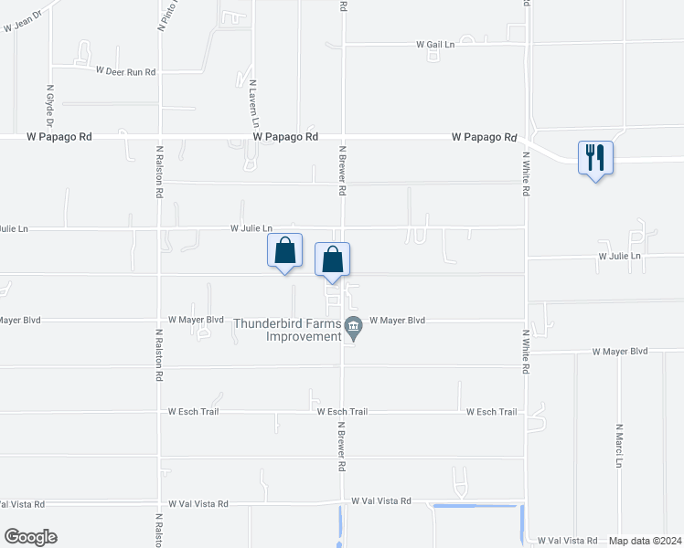map of restaurants, bars, coffee shops, grocery stores, and more near 11181 North Brewer Road in Maricopa