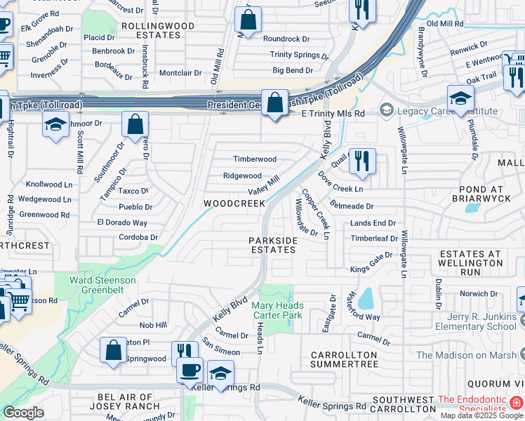 map of restaurants, bars, coffee shops, grocery stores, and more near 2229 Creekview in Carrollton