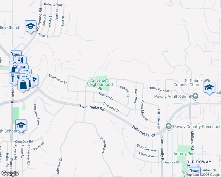 map of restaurants, bars, coffee shops, grocery stores, and more near 14741 Fieldview Way in Poway