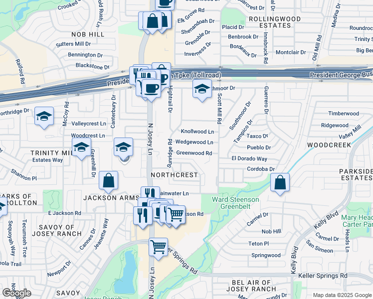 map of restaurants, bars, coffee shops, grocery stores, and more near 2014 Wedgewood Lane in Carrollton