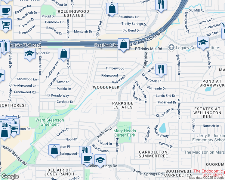 map of restaurants, bars, coffee shops, grocery stores, and more near 2229 Creekview in Carrollton