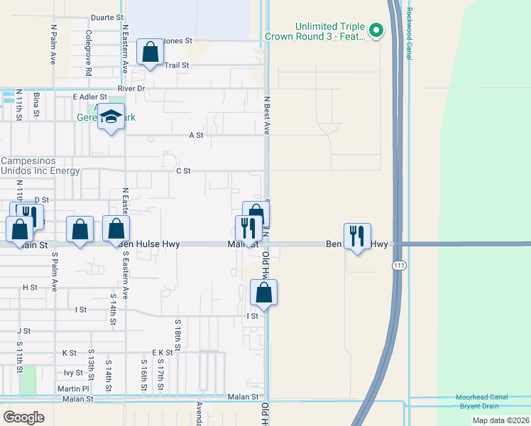 map of restaurants, bars, coffee shops, grocery stores, and more near 235 North Best Avenue in Brawley