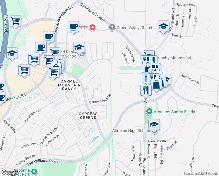 map of restaurants, bars, coffee shops, grocery stores, and more near 14642 Carmel Ridge Road in San Diego