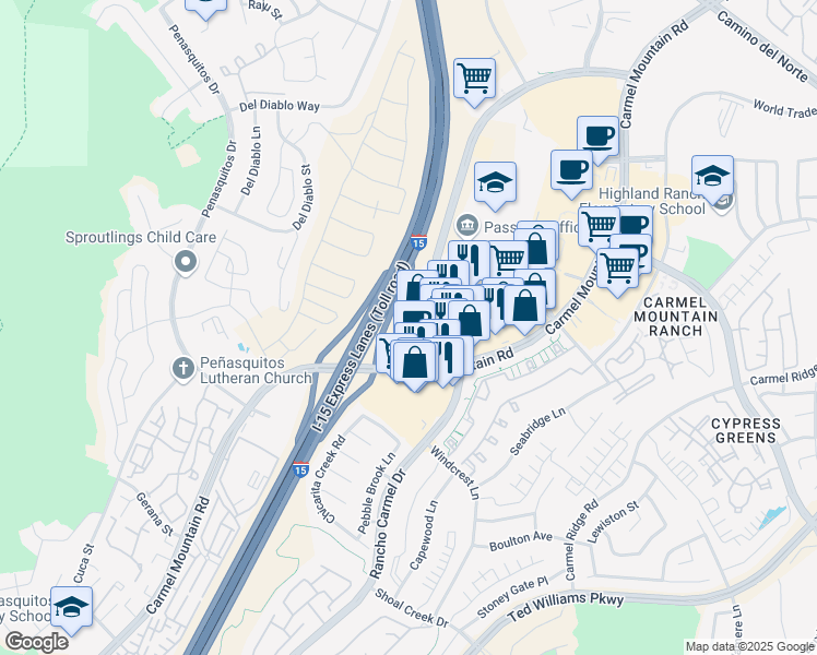 map of restaurants, bars, coffee shops, grocery stores, and more near 11160 Rancho Carmel Drive in San Diego