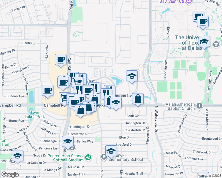 map of restaurants, bars, coffee shops, grocery stores, and more near 2104 Meridian Way in Richardson
