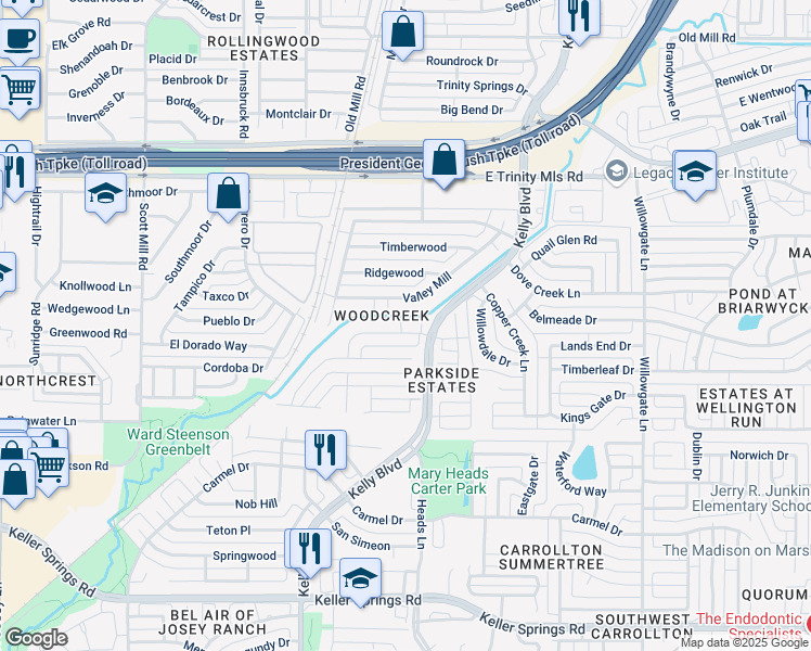map of restaurants, bars, coffee shops, grocery stores, and more near 2229 Creekview in Carrollton