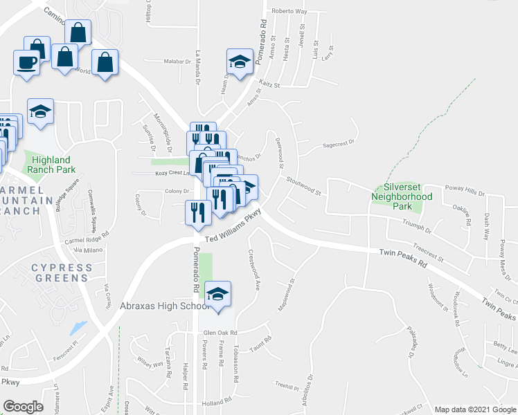 map of restaurants, bars, coffee shops, grocery stores, and more near Twin Peaks Rd & Deerwood St in Poway