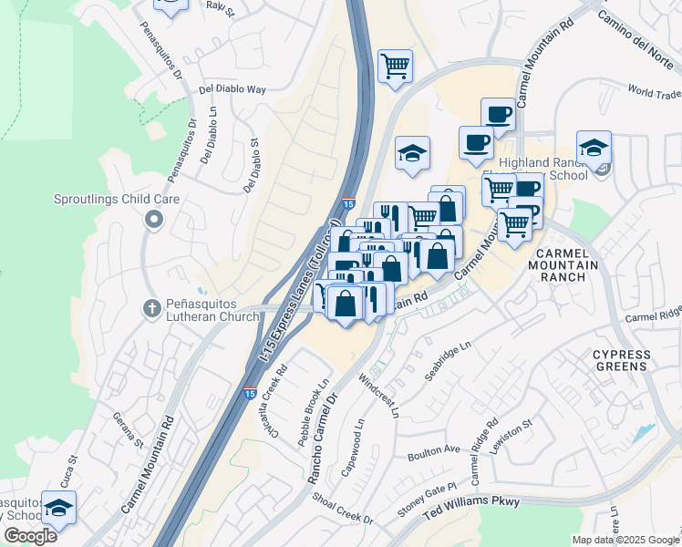 map of restaurants, bars, coffee shops, grocery stores, and more near 11160 Rancho Carmel Drive in San Diego