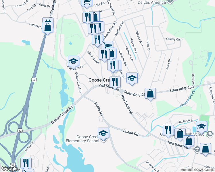 map of restaurants, bars, coffee shops, grocery stores, and more near 538 Red Bank Road in Goose Creek