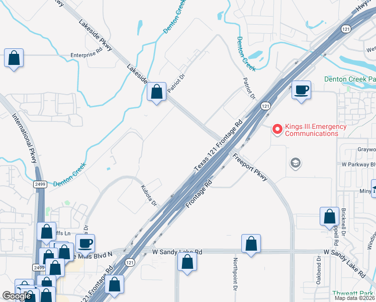 map of restaurants, bars, coffee shops, grocery stores, and more near 4051 Texas 121 Frontage Road in Coppell