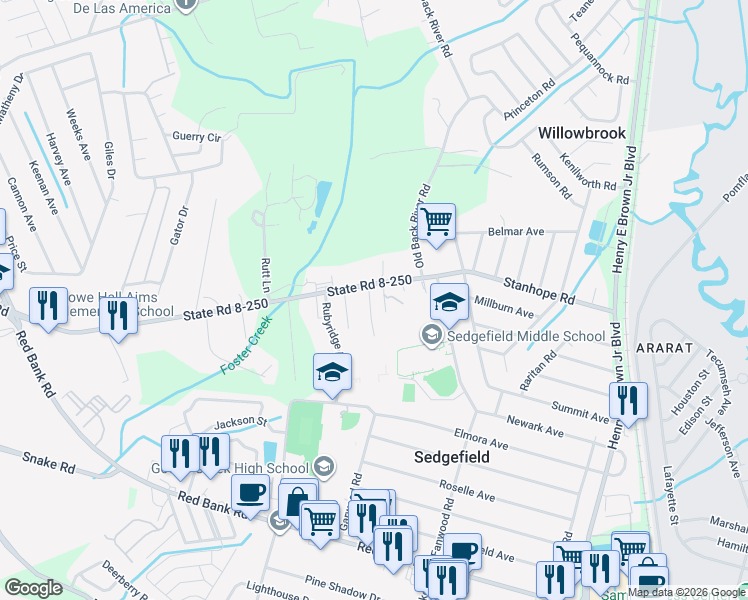map of restaurants, bars, coffee shops, grocery stores, and more near 106 Keyes Lane in Goose Creek