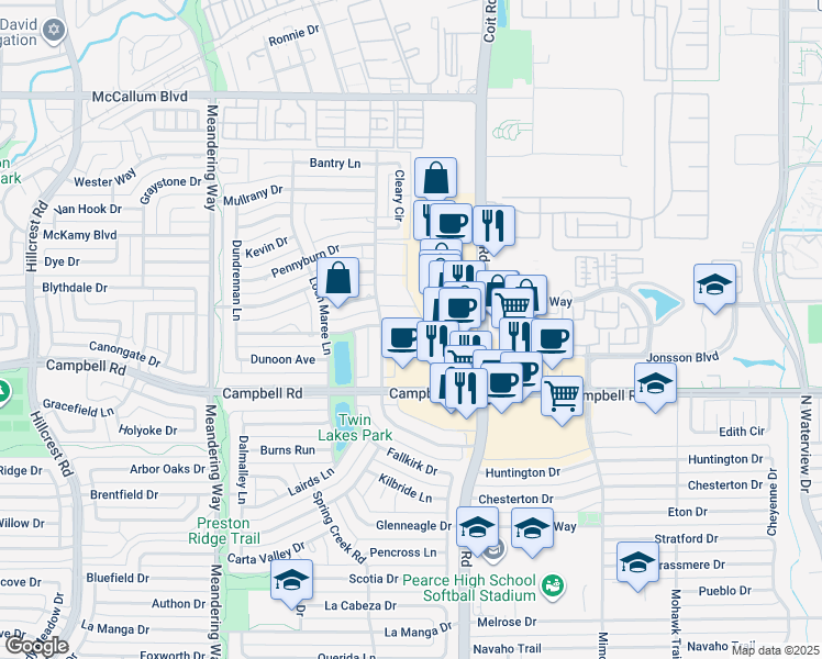map of restaurants, bars, coffee shops, grocery stores, and more near 16500 Lauder Lane in Dallas