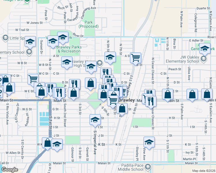 map of restaurants, bars, coffee shops, grocery stores, and more near 149 North 5th Street in Brawley