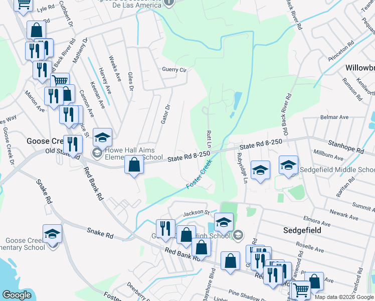 map of restaurants, bars, coffee shops, grocery stores, and more near 317 Howe Hall Road in Goose Creek