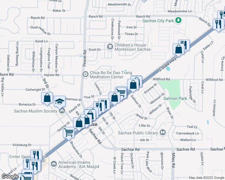 map of restaurants, bars, coffee shops, grocery stores, and more near 3206 Tina Street in Sachse