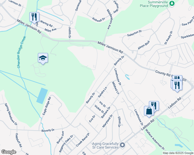 map of restaurants, bars, coffee shops, grocery stores, and more near 145 Chandler Drive in Ladson