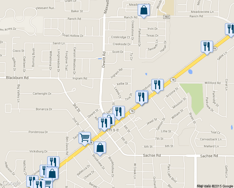 map of restaurants, bars, coffee shops, grocery stores, and more near 6405 Leasa Court in Sachse