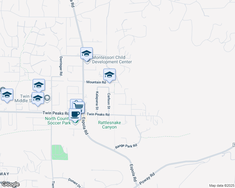 map of restaurants, bars, coffee shops, grocery stores, and more near Carlson Court in Poway