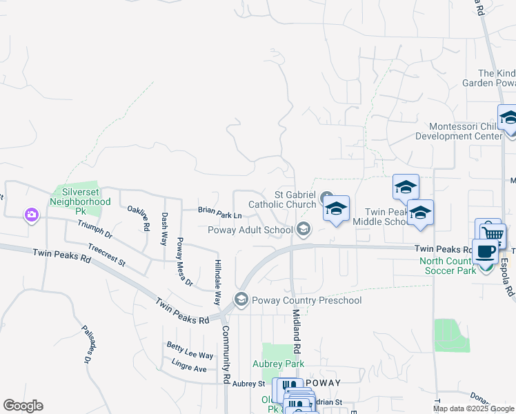 map of restaurants, bars, coffee shops, grocery stores, and more near 13432 Maryearl Lane in Poway