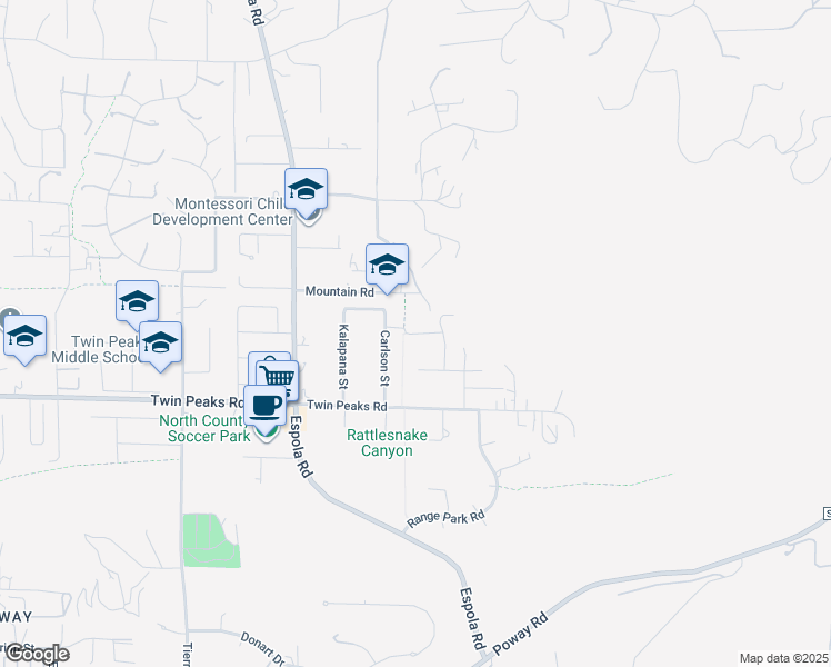 map of restaurants, bars, coffee shops, grocery stores, and more near Carlson Court in Poway
