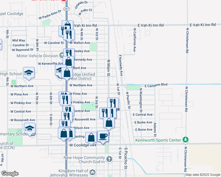 map of restaurants, bars, coffee shops, grocery stores, and more near 367 North Main Street in Coolidge