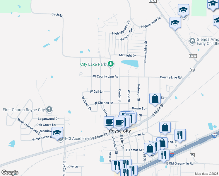 map of restaurants, bars, coffee shops, grocery stores, and more near 807 Live Oak Street in Royse City