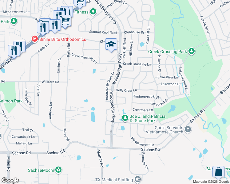 map of restaurants, bars, coffee shops, grocery stores, and more near 6511 Falcon Crest Lane in Sachse