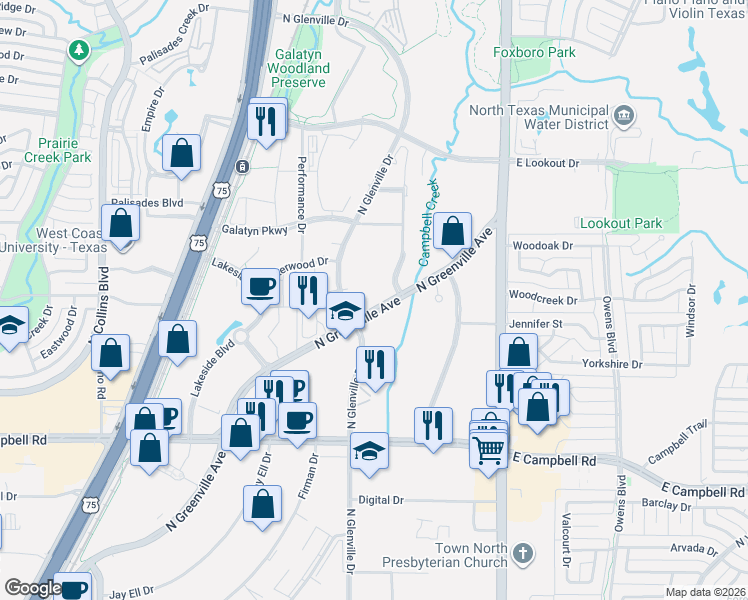 map of restaurants, bars, coffee shops, grocery stores, and more near 2210 North Glenville Drive in Richardson