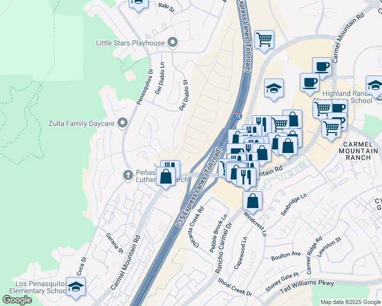 map of restaurants, bars, coffee shops, grocery stores, and more near 12082 Gavin Way in San Diego