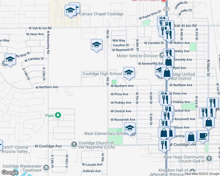 map of restaurants, bars, coffee shops, grocery stores, and more near 885 West Northern Avenue in Coolidge