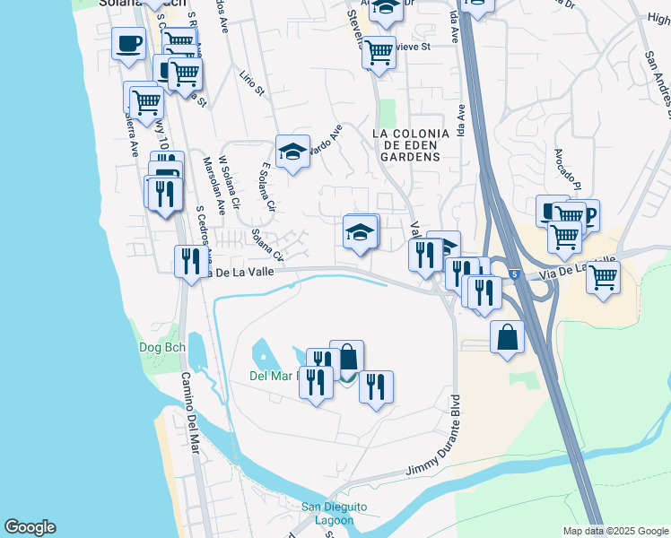 map of restaurants, bars, coffee shops, grocery stores, and more near Via De La Valle & Del Mar Downs Road in Solana Beach