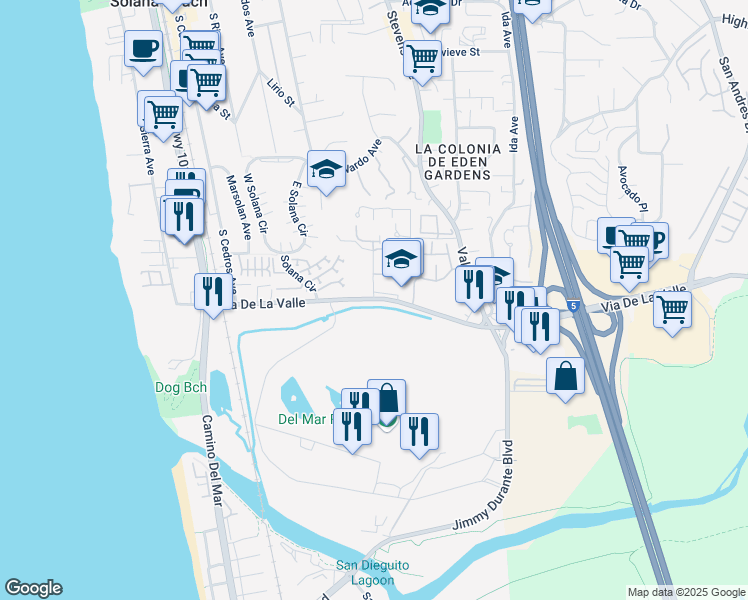 map of restaurants, bars, coffee shops, grocery stores, and more near Via De La Valle in Solana Beach