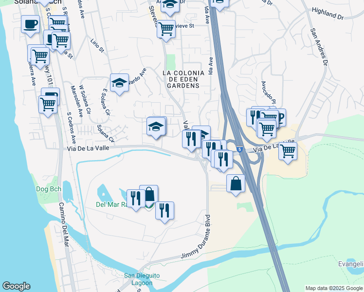 map of restaurants, bars, coffee shops, grocery stores, and more near 550 Via De La Valle in Solana Beach