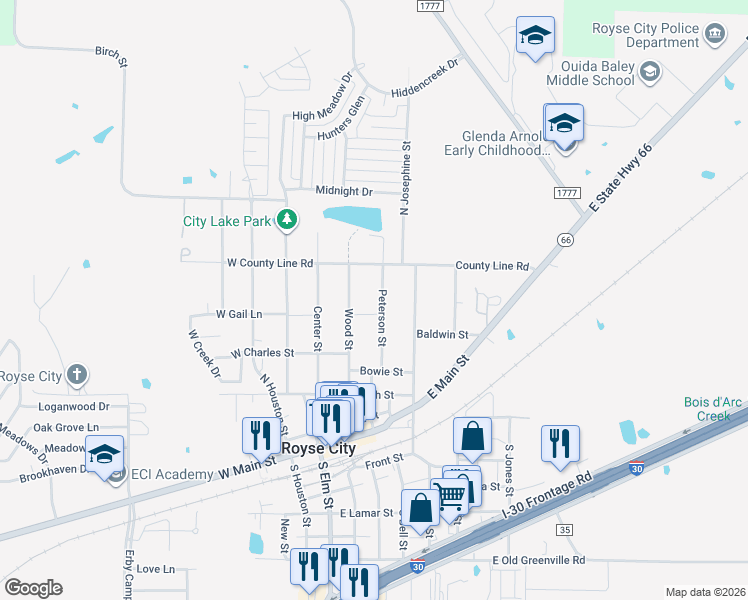 map of restaurants, bars, coffee shops, grocery stores, and more near 807 Peterson Street in Royse City