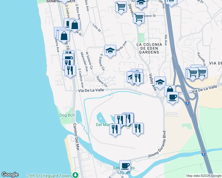 map of restaurants, bars, coffee shops, grocery stores, and more near 320 Via De La Valle in Solana Beach