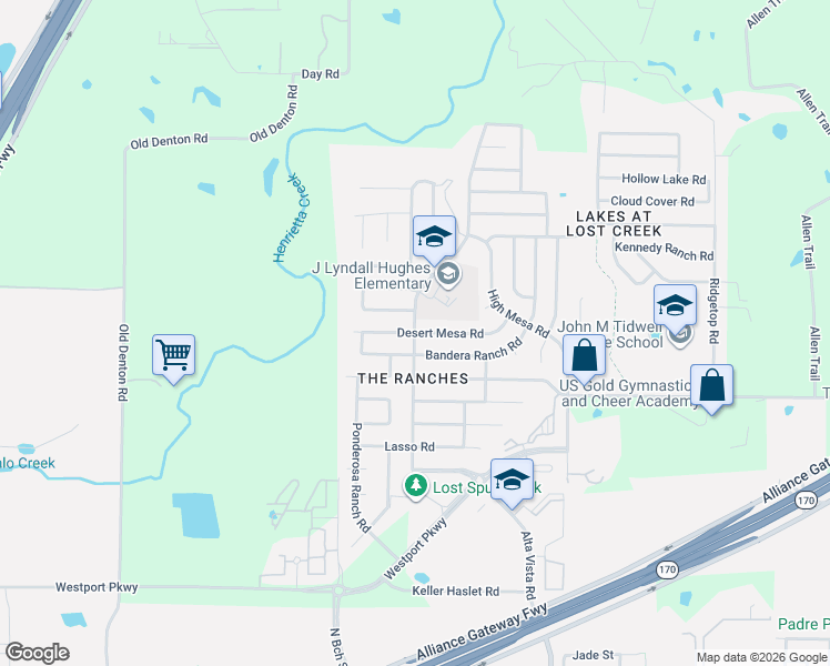 map of restaurants, bars, coffee shops, grocery stores, and more near Lost Spurs Rd & Desert Mesa Rd in Fort Worth