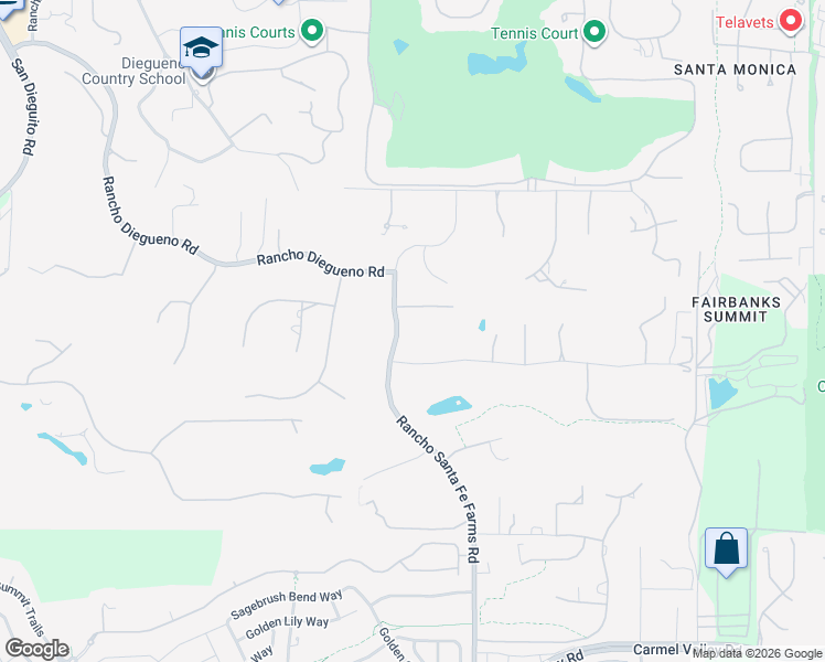 map of restaurants, bars, coffee shops, grocery stores, and more near 14741 Rancho Santa Fe Farms Road in Rancho Santa Fe