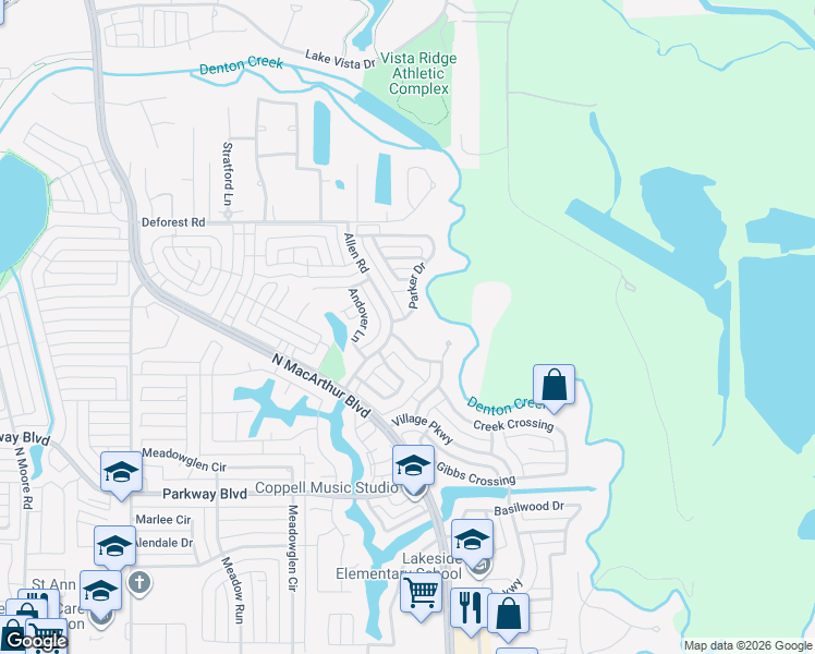 map of restaurants, bars, coffee shops, grocery stores, and more near 889 Parker Drive in Coppell