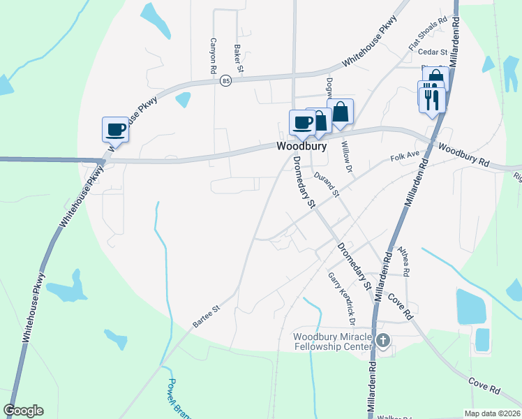 map of restaurants, bars, coffee shops, grocery stores, and more near 366 Bartee Road in Woodbury