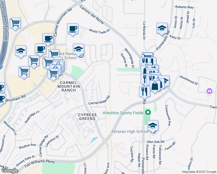 map of restaurants, bars, coffee shops, grocery stores, and more near 14642 Carmel Ridge Road in San Diego