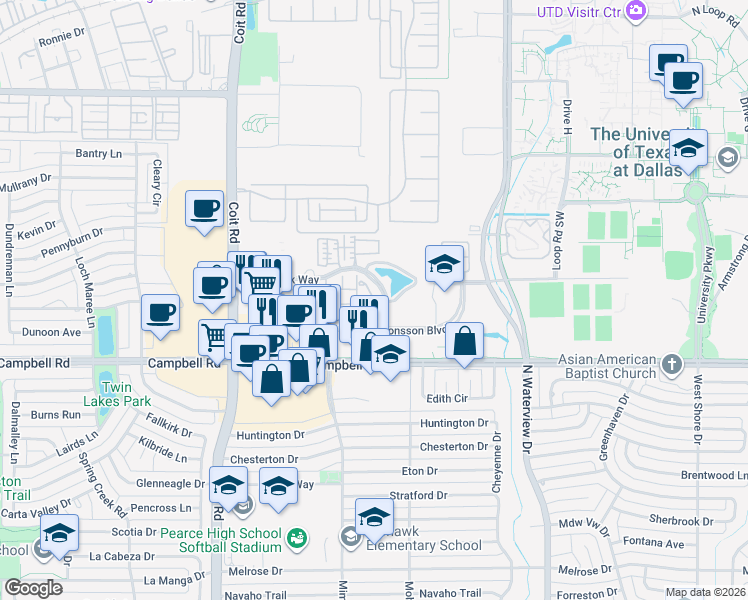 map of restaurants, bars, coffee shops, grocery stores, and more near Meridian Way in Richardson