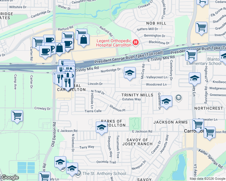 map of restaurants, bars, coffee shops, grocery stores, and more near 2307 Meadow Creek Drive in Carrollton
