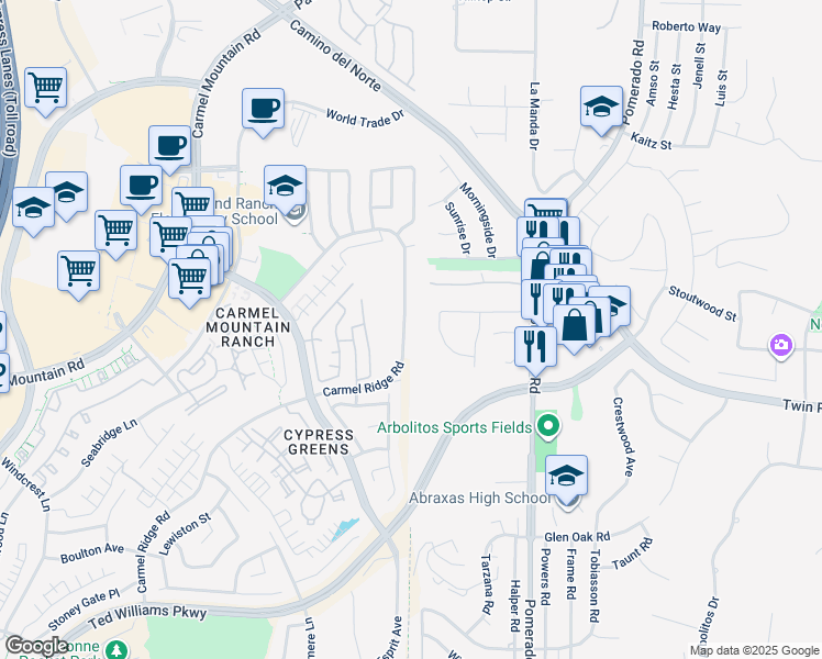map of restaurants, bars, coffee shops, grocery stores, and more near 14642 Carmel Ridge Road in San Diego