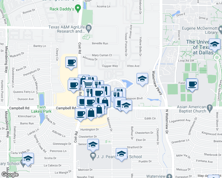 map of restaurants, bars, coffee shops, grocery stores, and more near 2106 Lucerne Cove in Richardson