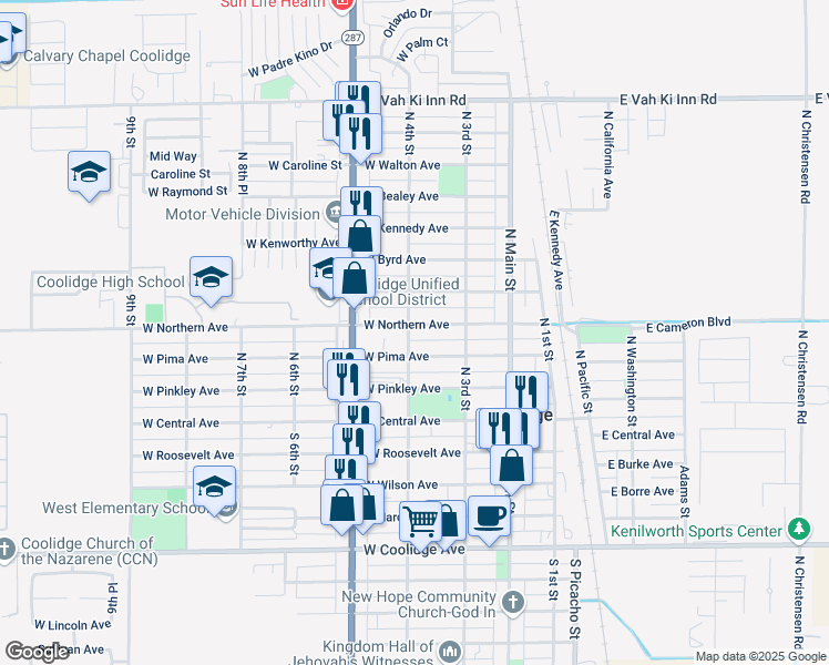 map of restaurants, bars, coffee shops, grocery stores, and more near 397 West Northern Avenue in Coolidge